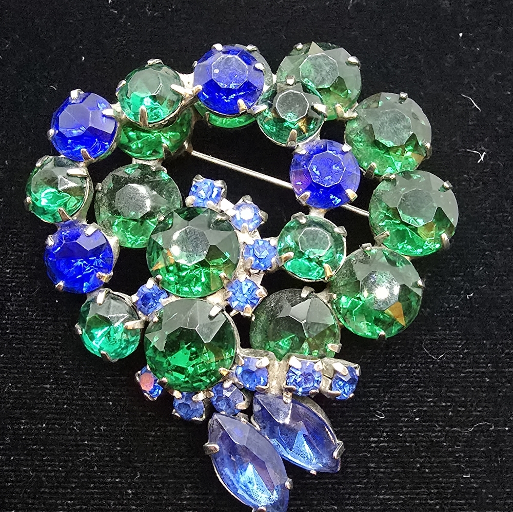 Vintage Rich Blue Green Double Wreath Brooch 1960s 70s